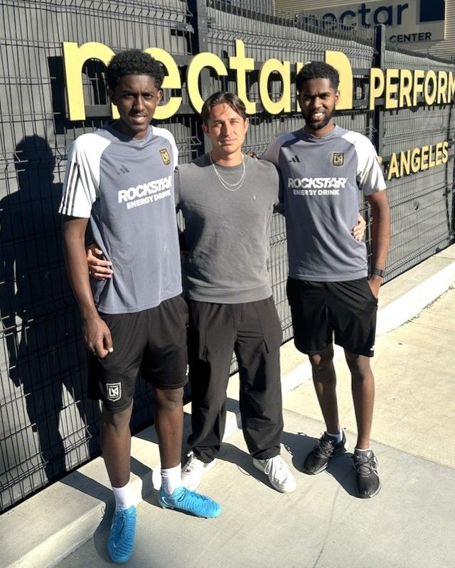 Jared and Romaro with Keola at LAFC's training centre